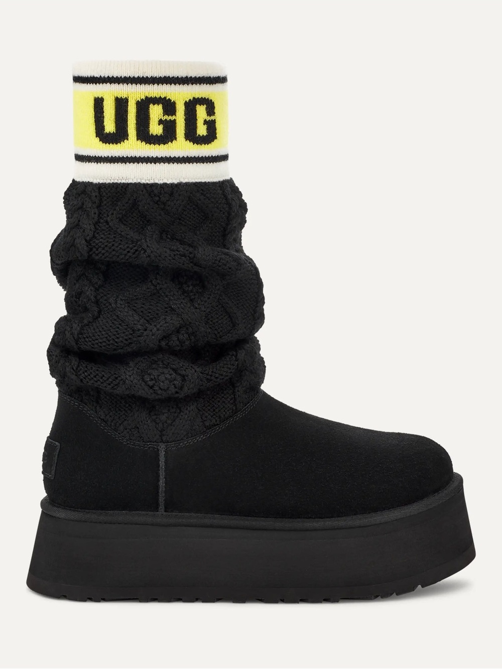 UGG Black Knit Platform Sweater Boots with Branded Cuff